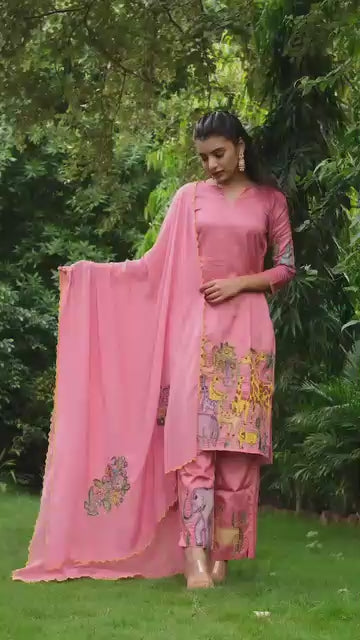 Blush Pink Kalamkari Cotton Kurti Set - Floral & Animal Design with Coordinated Dupatta