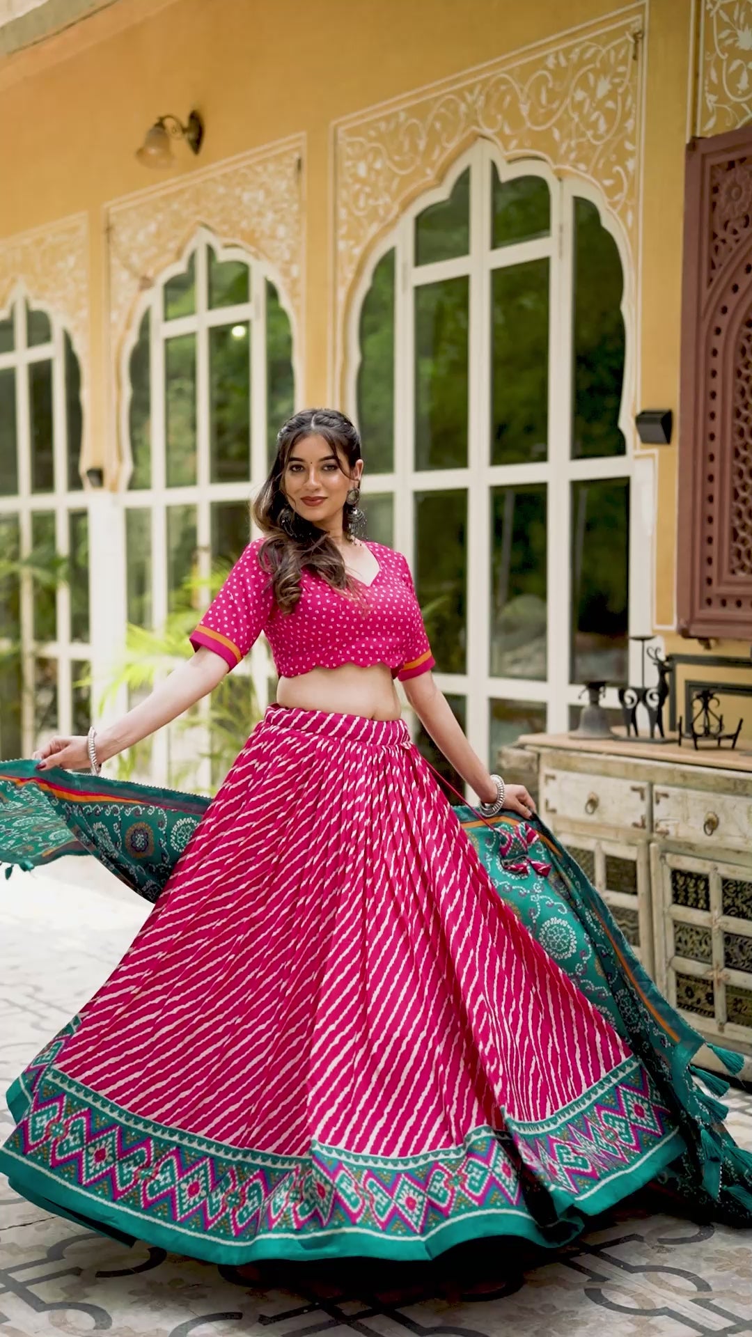 Pink Tussar Silk Lehenga Choli with Leheriya Print and Bandhani Dupatta